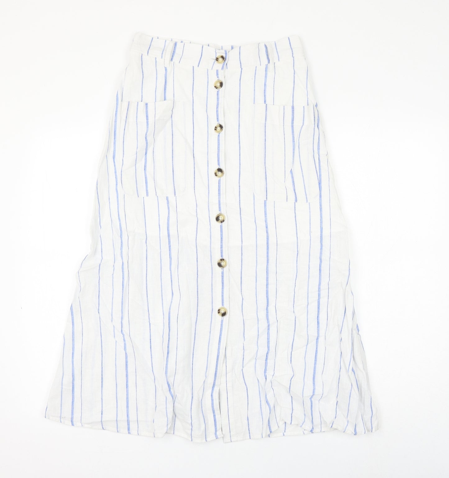 Marks and Spencer Womens White Striped Cotton A-Line Skirt Size 8 Button