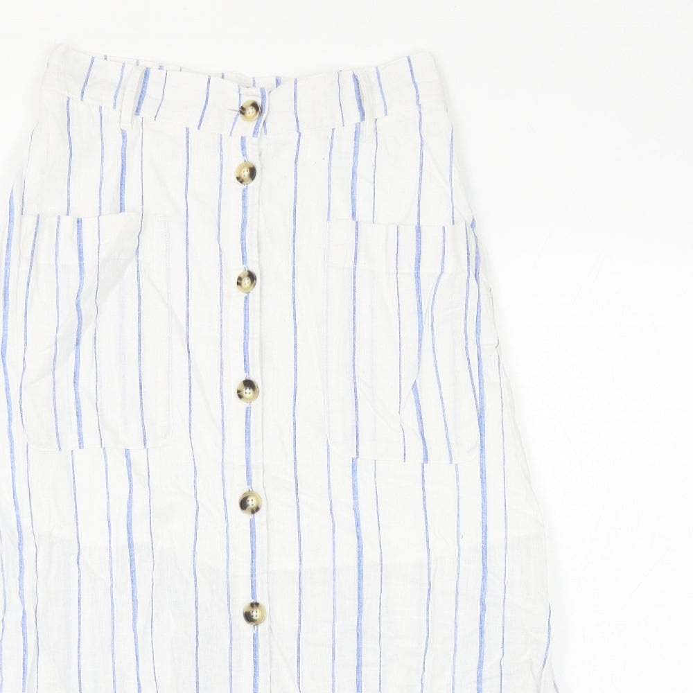 Marks and Spencer Womens White Striped Cotton A-Line Skirt Size 8 Button