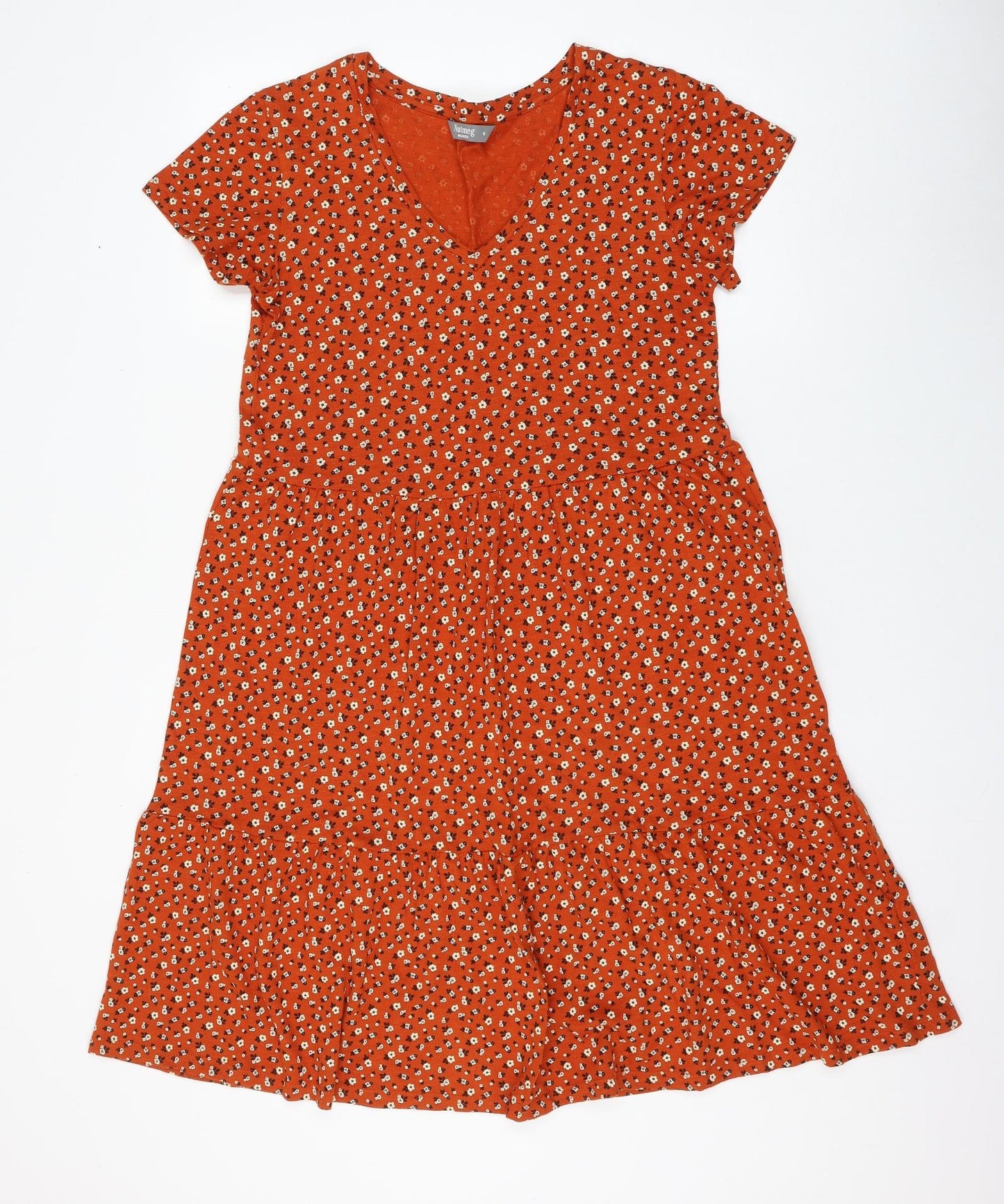 Nutmeg Womens Orange Floral Cotton A-Line Size 8 V-Neck Pullover