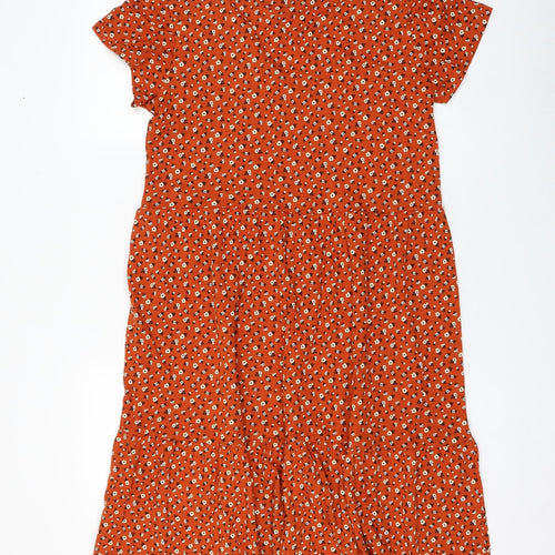Nutmeg Womens Orange Floral Cotton A-Line Size 8 V-Neck Pullover