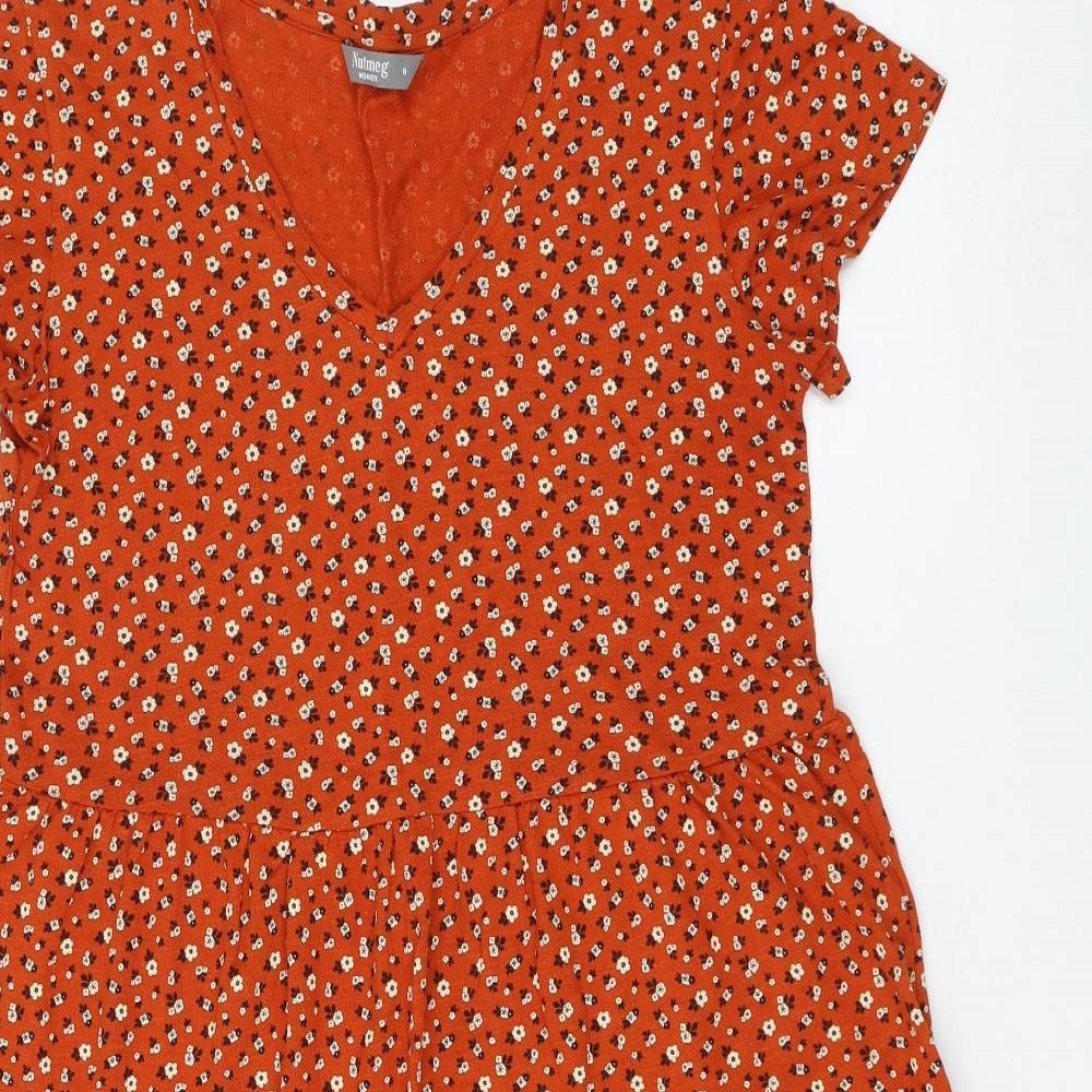 Nutmeg Womens Orange Floral Cotton A-Line Size 8 V-Neck Pullover