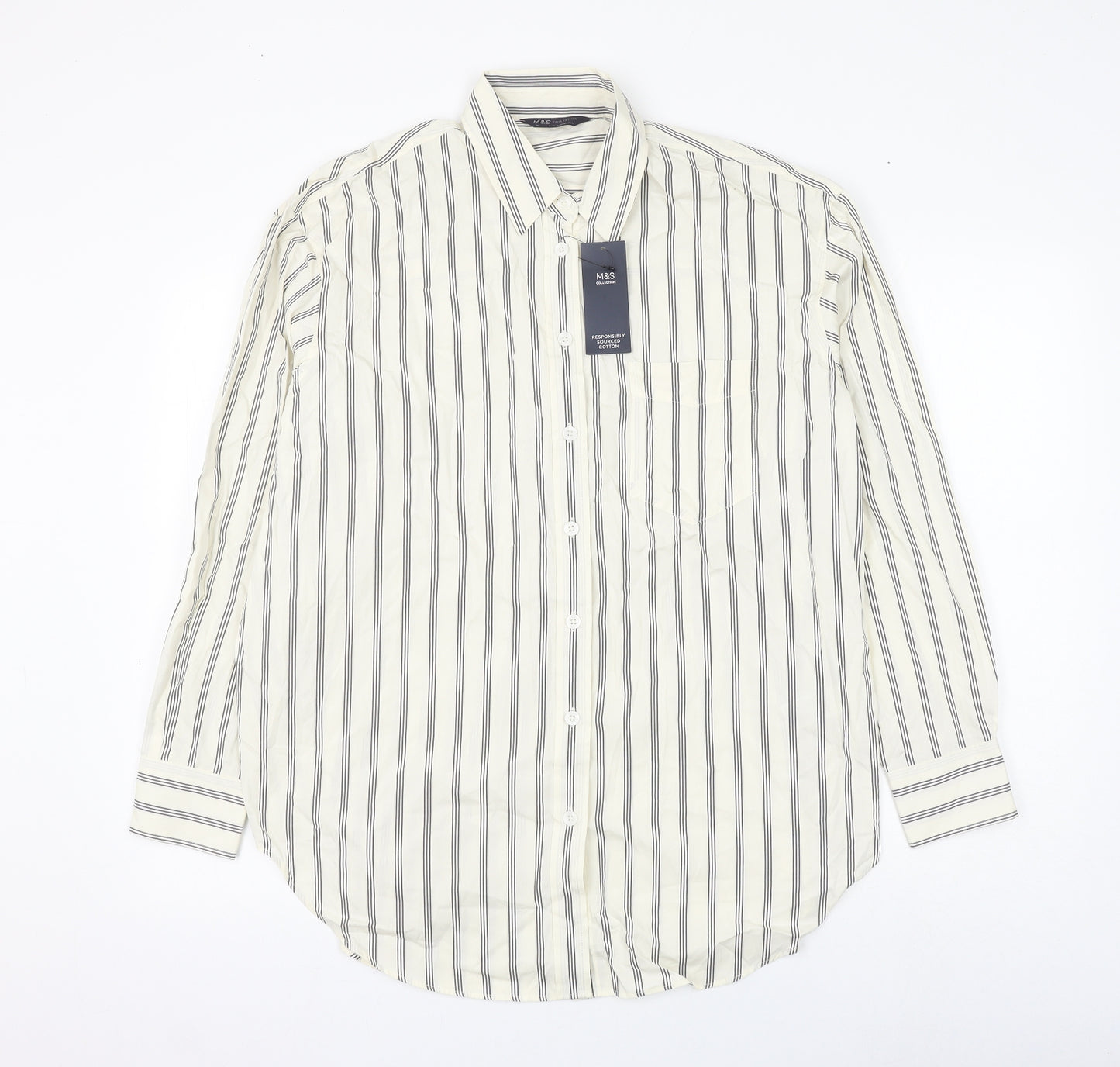 Marks and Spencer Womens Ivory Striped Cotton Basic Button-Up Size 14 Collared