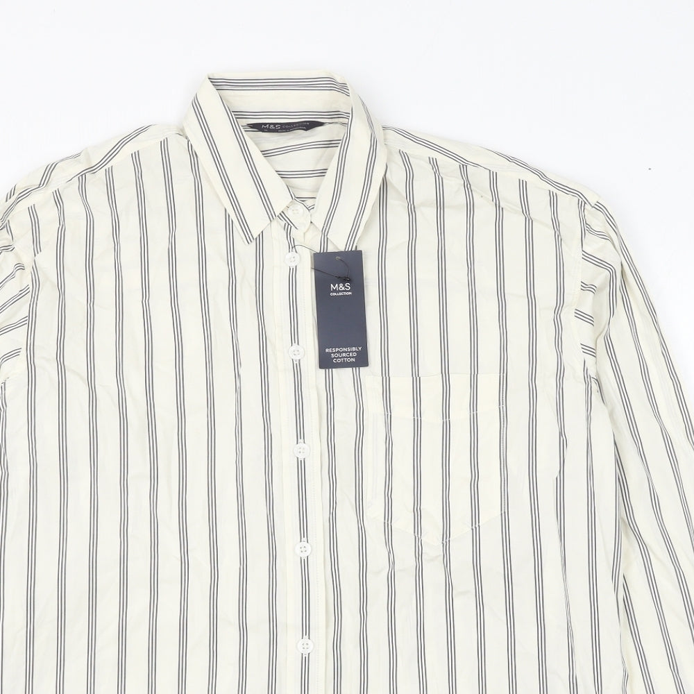 Marks and Spencer Womens Ivory Striped Cotton Basic Button-Up Size 14 Collared