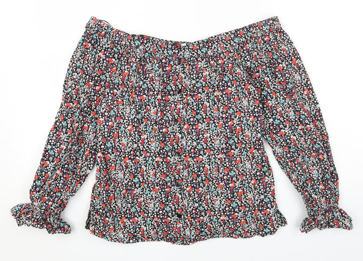 Red Herring Womens Multicoloured Floral Cotton Cropped T-Shirt Size 8 Off the Shoulder