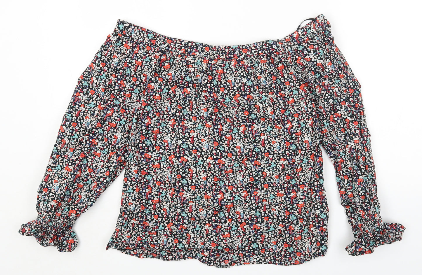 Red Herring Womens Multicoloured Floral Cotton Cropped T-Shirt Size 8 Off the Shoulder