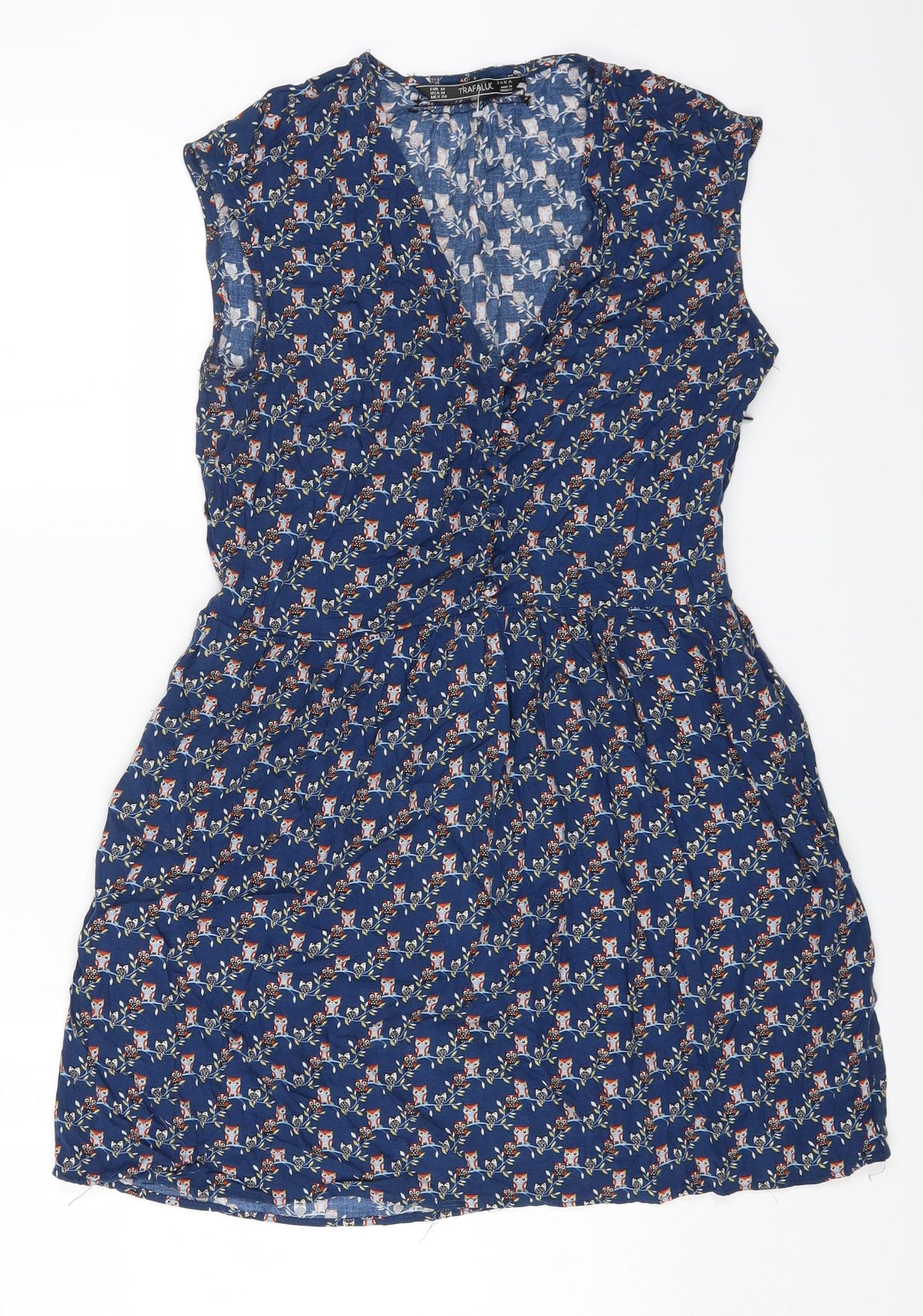 Trafaluc Womens Blue Geometric Viscose Fit & Flare Size M V-Neck Button
