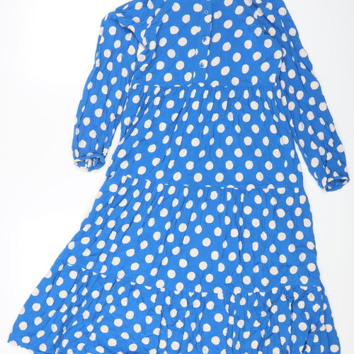 FINERY Womens Blue Polka Dot Viscose Fit & Flare Size M Collared Button
