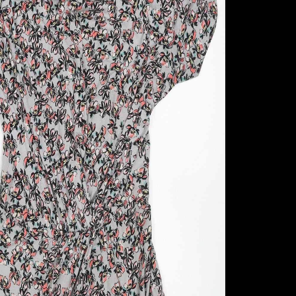 Warehouse Womens Grey Floral Viscose Bodycon Size 6 Scoop Neck Button