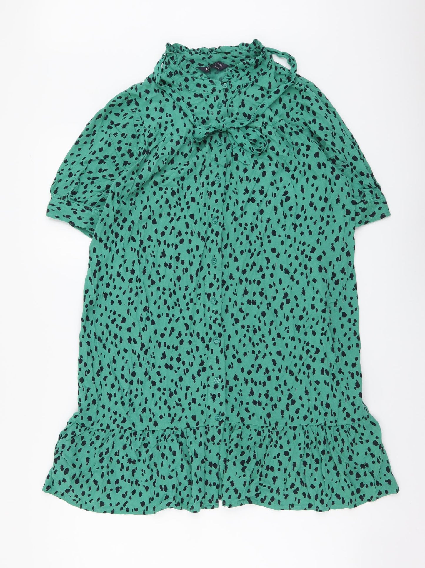 Marks and Spencer Womens Green Animal Print Viscose Shirt Dress Size 10 Mock Neck Button - Leopard pattern