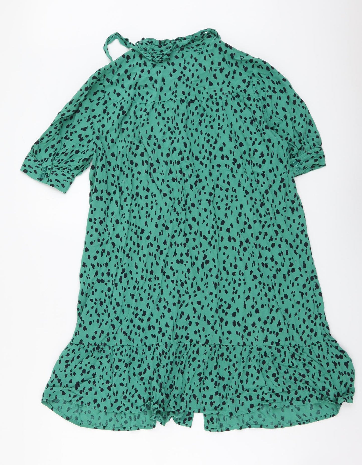 Marks and Spencer Womens Green Animal Print Viscose Shirt Dress Size 10 Mock Neck Button - Leopard pattern