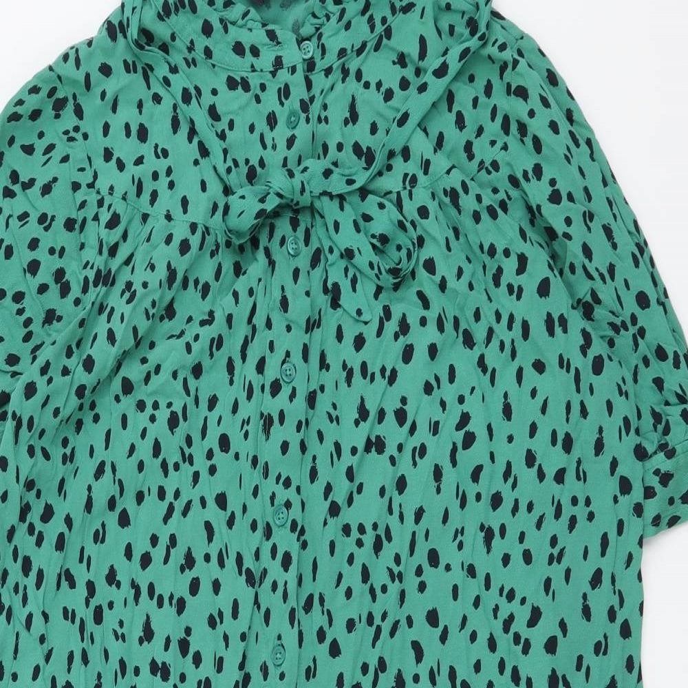 Marks and Spencer Womens Green Animal Print Viscose Shirt Dress Size 10 Mock Neck Button - Leopard pattern