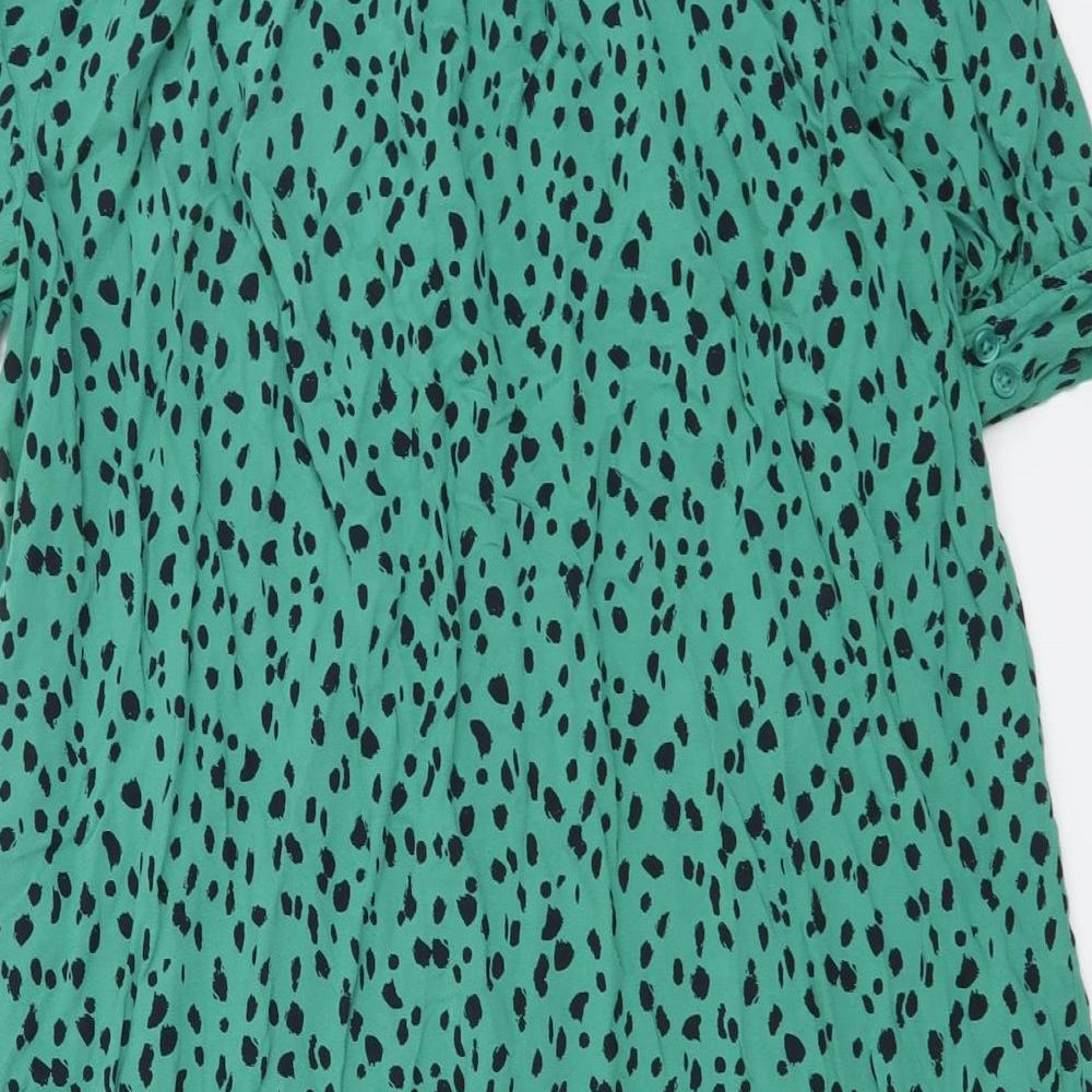 Marks and Spencer Womens Green Animal Print Viscose Shirt Dress Size 10 Mock Neck Button - Leopard pattern