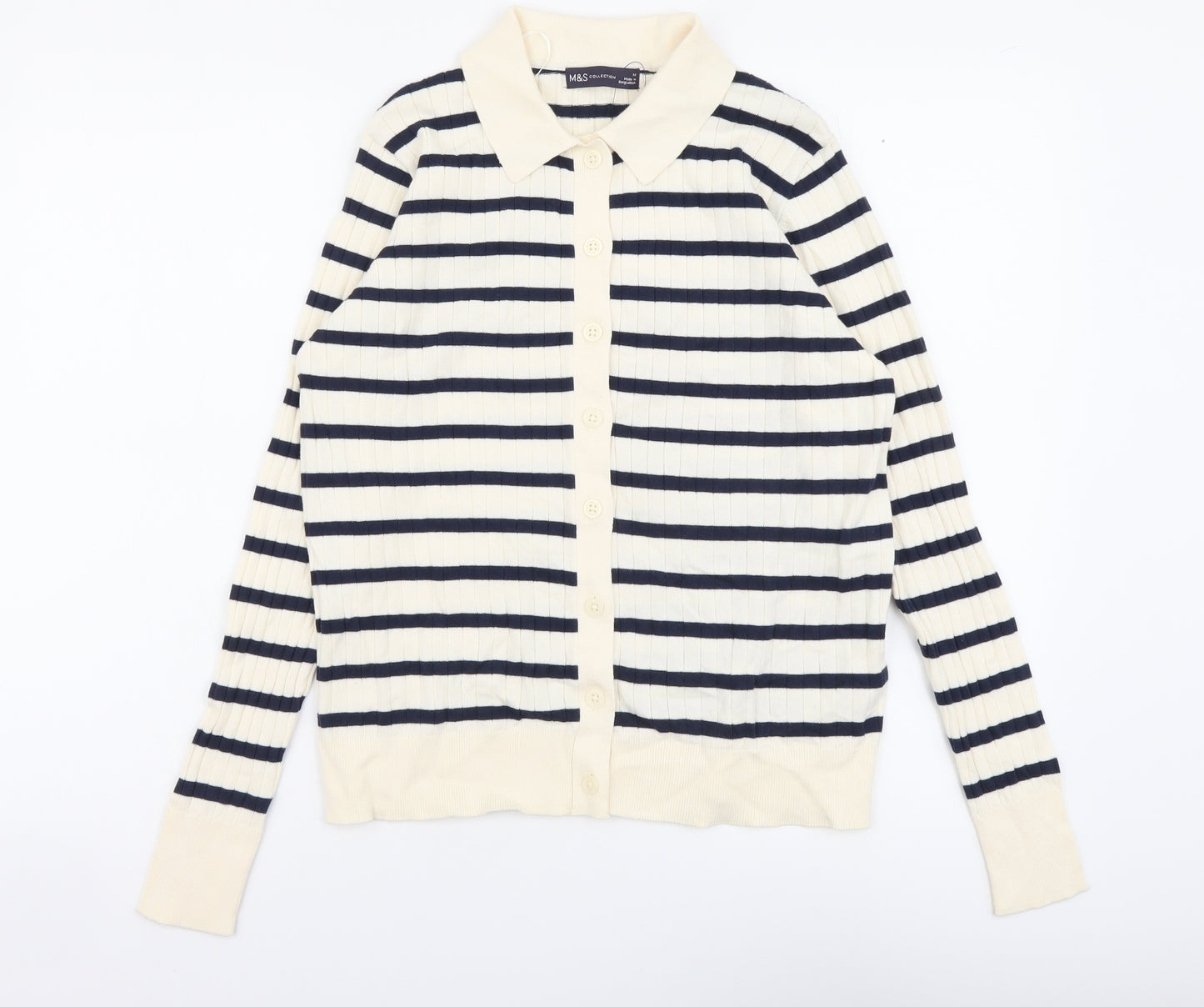 Marks and Spencer Womens Beige Collared Striped Cotton Cardigan Jumper Size M