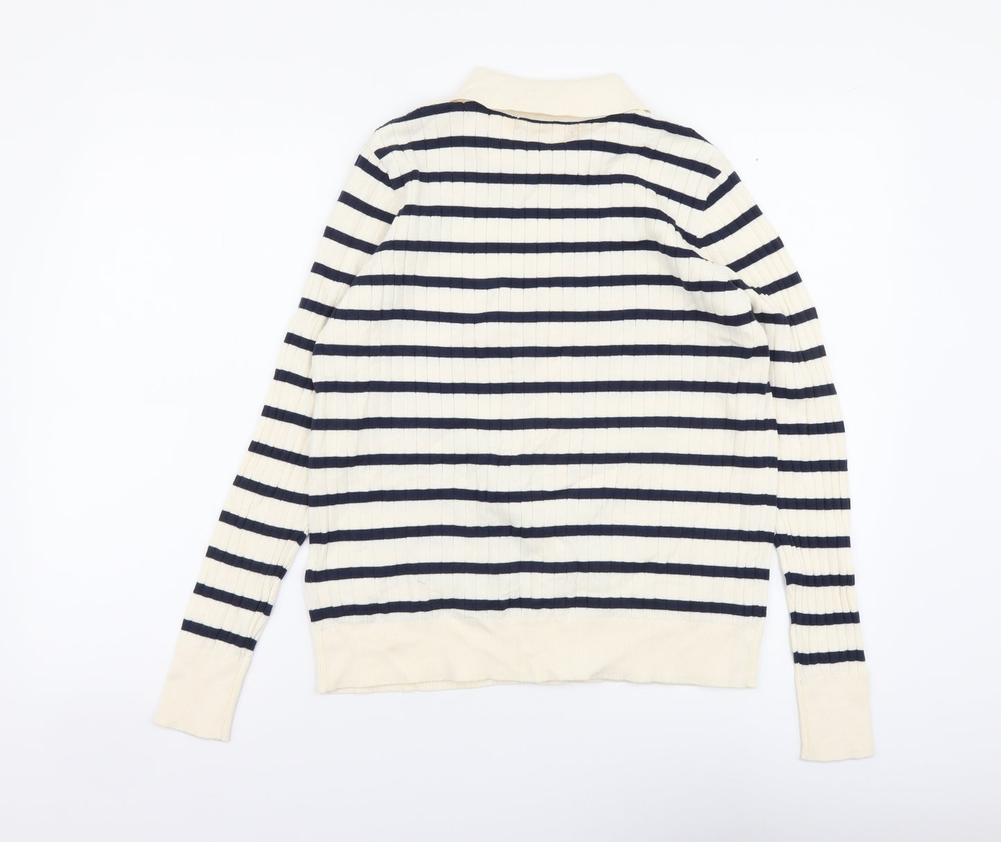 Marks and Spencer Womens Beige Collared Striped Cotton Cardigan Jumper Size M