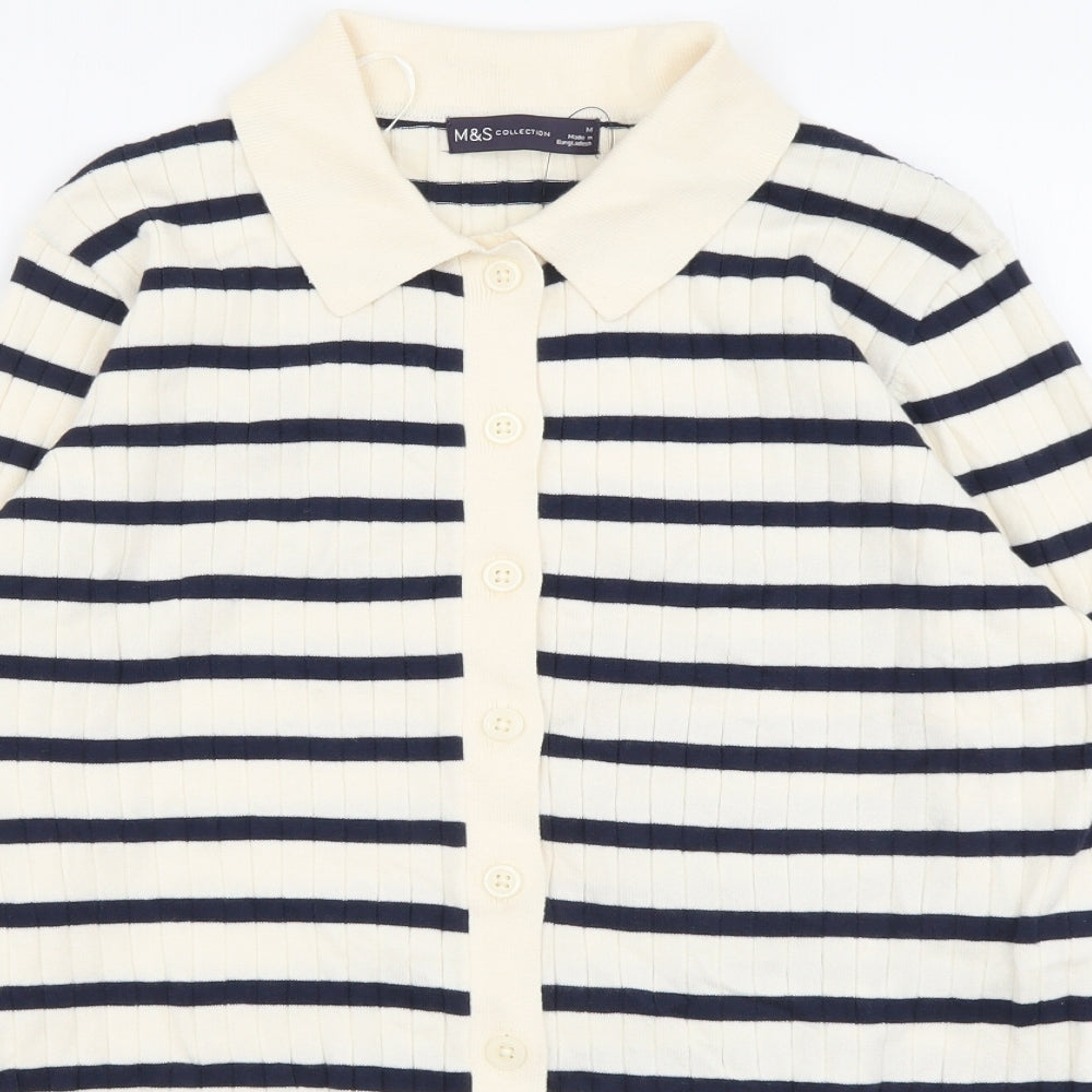 Marks and Spencer Womens Beige Collared Striped Cotton Cardigan Jumper Size M