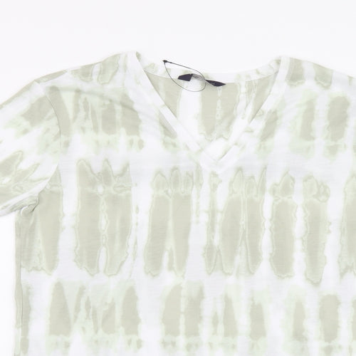 Marks and Spencer Womens Green Geometric Polyester Basic T-Shirt Size 6 V-Neck - Tie Dye
