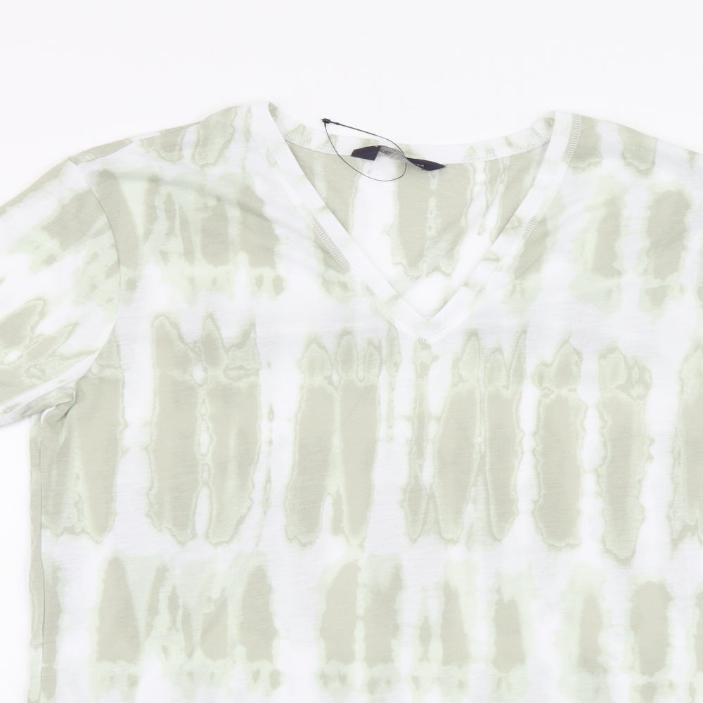 Marks and Spencer Womens Green Geometric Polyester Basic T-Shirt Size 6 V-Neck - Tie Dye