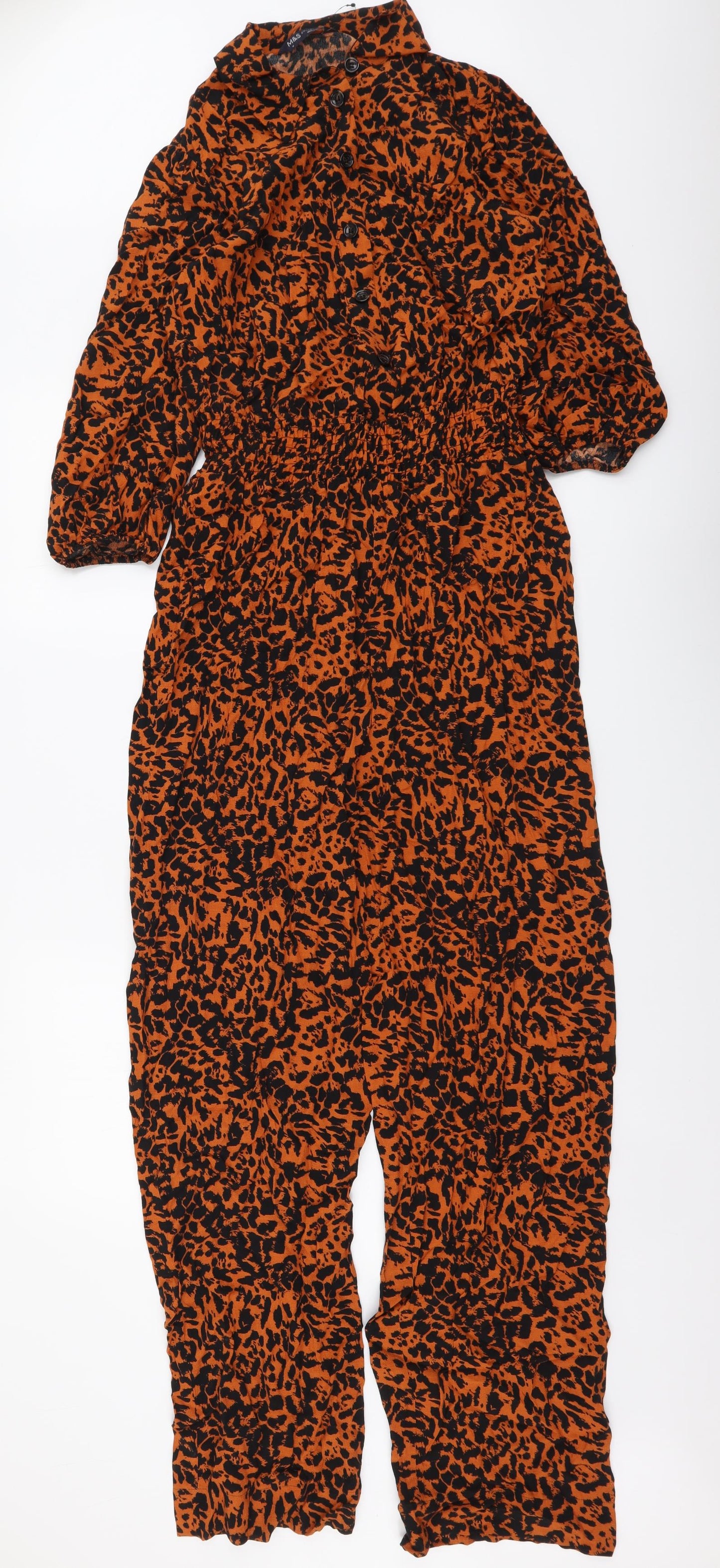 Marks and Spencer Womens Brown Animal Print Viscose Jumpsuit One-Piece Size 10 Button - Leopard skin pattern
