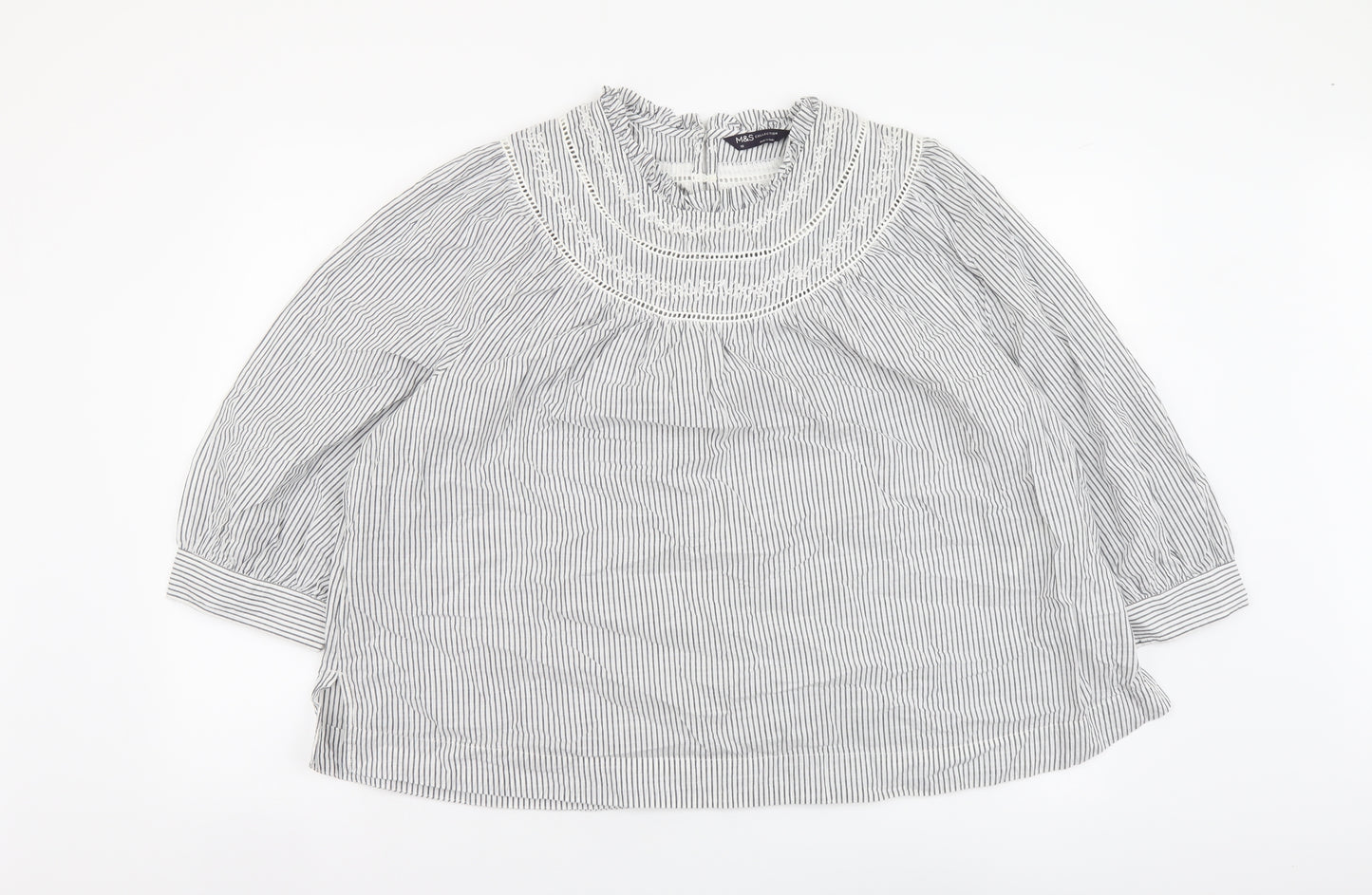 Marks and Spencer Womens Grey Striped Cotton Basic Blouse Size 18 Round Neck
