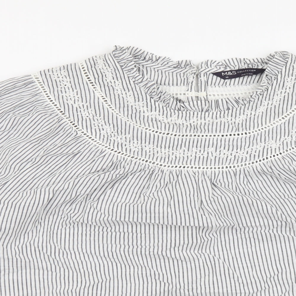 Marks and Spencer Womens Grey Striped Cotton Basic Blouse Size 18 Round Neck