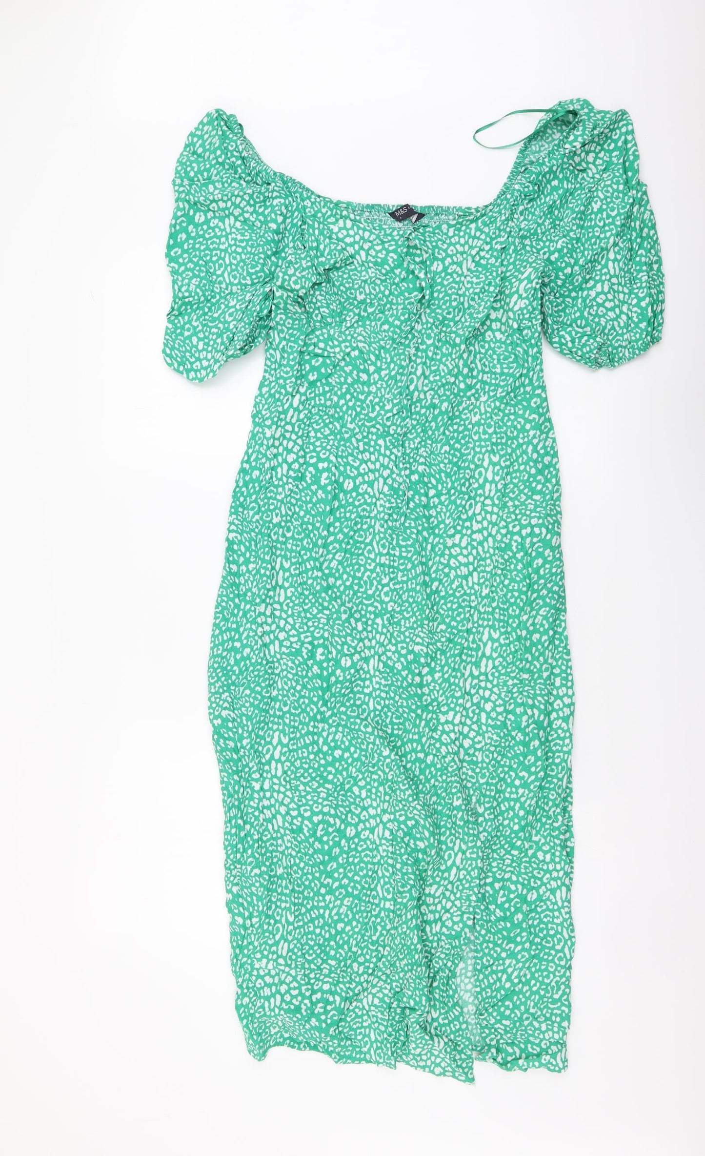Marks and Spencer Womens Green Animal Print Viscose A-Line Size 8 Off the Shoulder Pullover - Leopard pattern