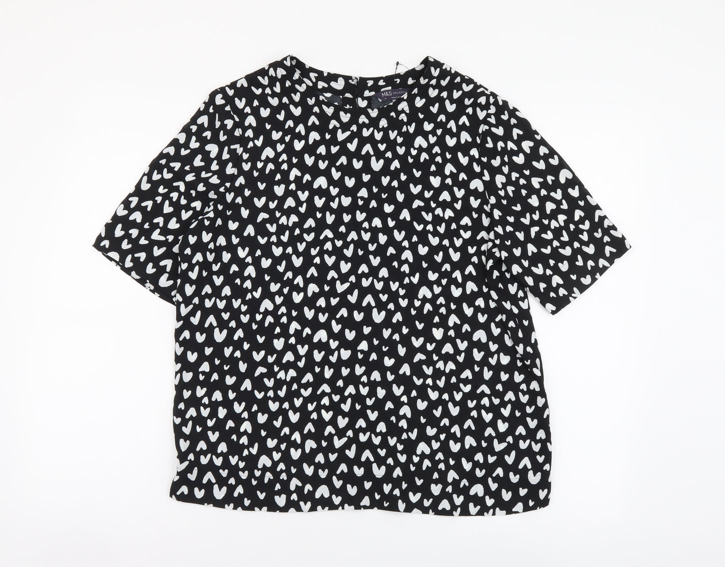 Marks and Spencer Womens Black Geometric Polyester Basic Blouse Size 10 Round Neck - Hearts pattern