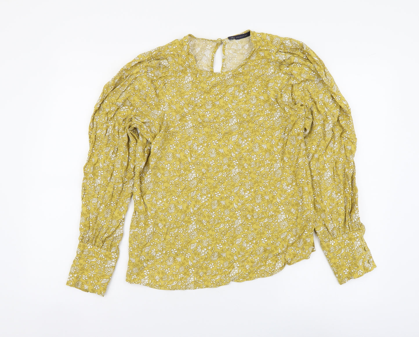 Marks and Spencer Womens Yellow Floral Viscose Basic Blouse Size 10 Round Neck