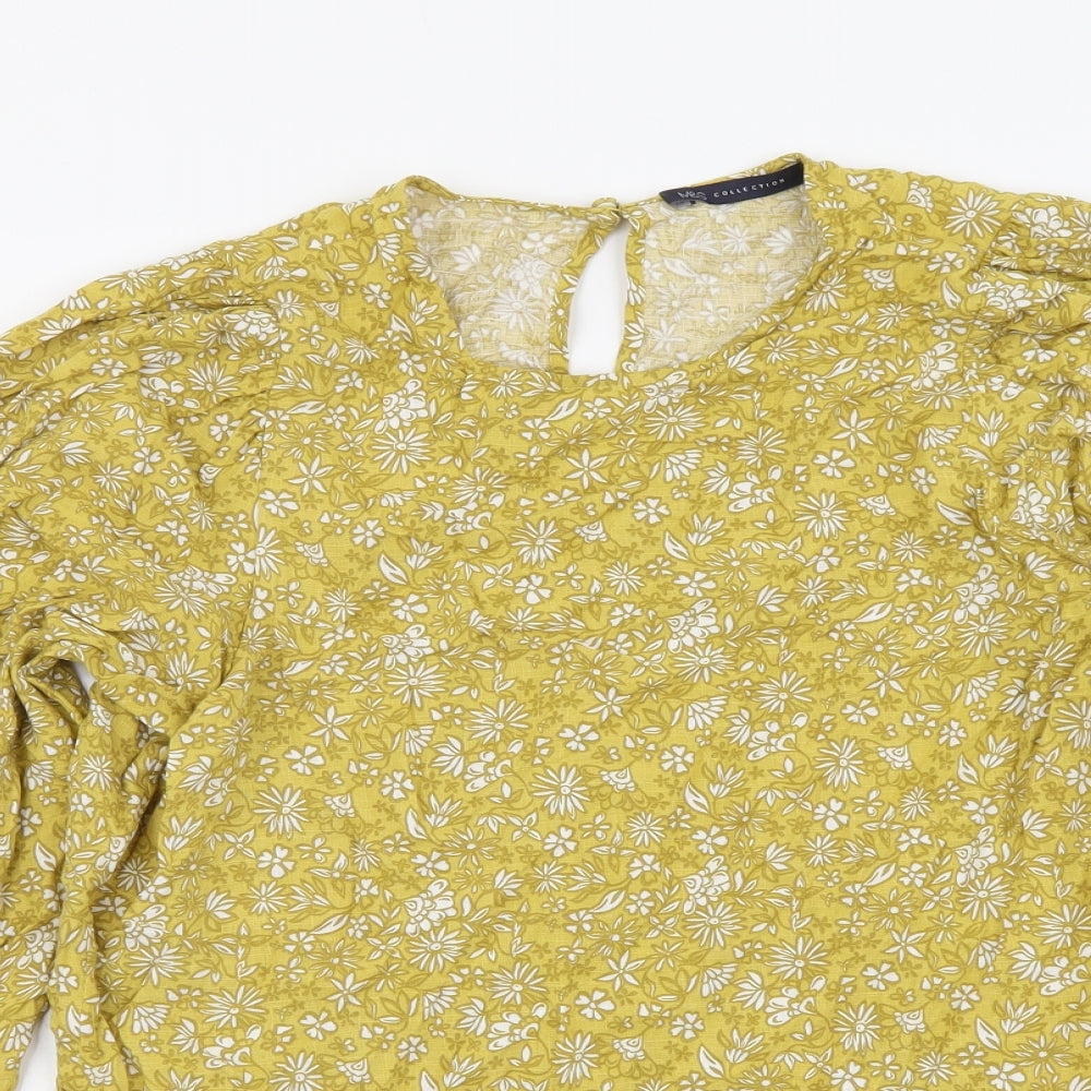 Marks and Spencer Womens Yellow Floral Viscose Basic Blouse Size 10 Round Neck