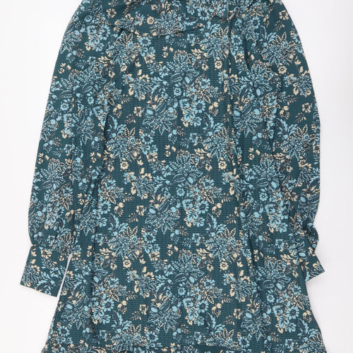 NEXT Womens Blue Floral Polyester A-Line Size 12 Collared Pullover