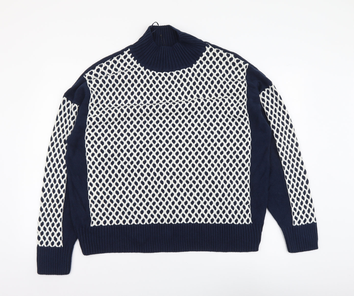 Marks and Spencer Womens Blue Mock Neck Geometric Cotton Pullover Jumper Size L