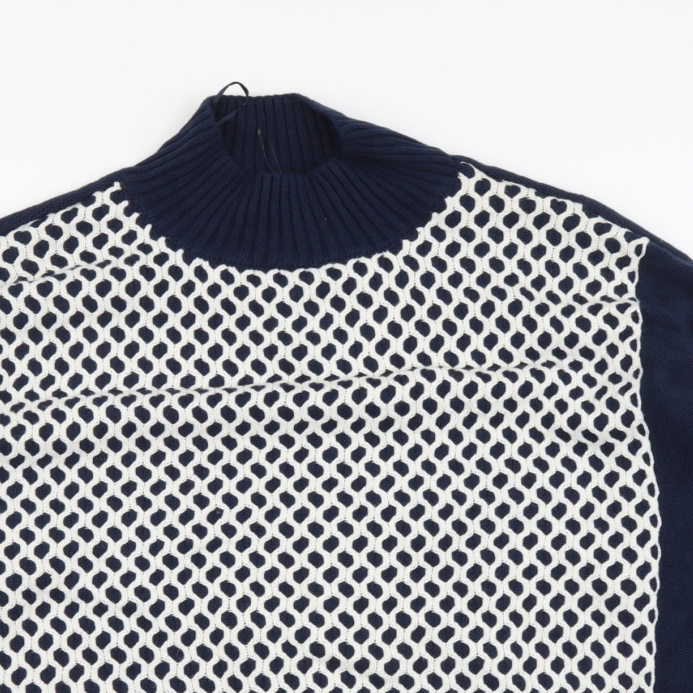 Marks and Spencer Womens Blue Mock Neck Geometric Cotton Pullover Jumper Size L