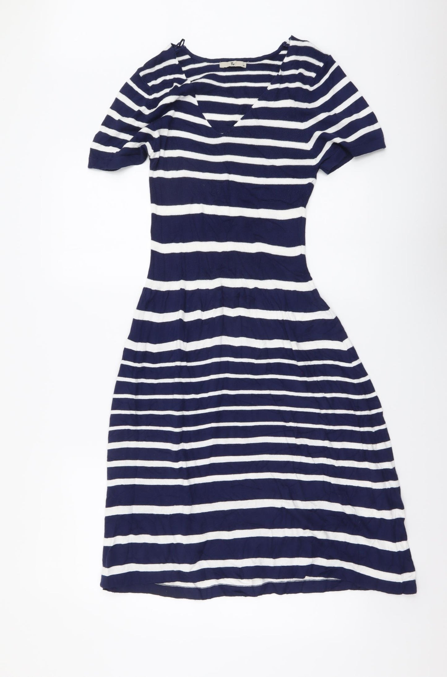 TU Womens Blue Striped Viscose Jumper Dress Size 14 V-Neck Pullover