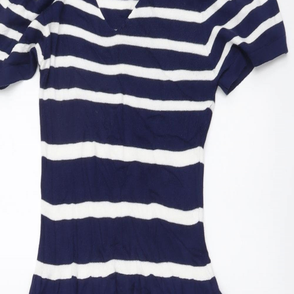 TU Womens Blue Striped Viscose Jumper Dress Size 14 V-Neck Pullover