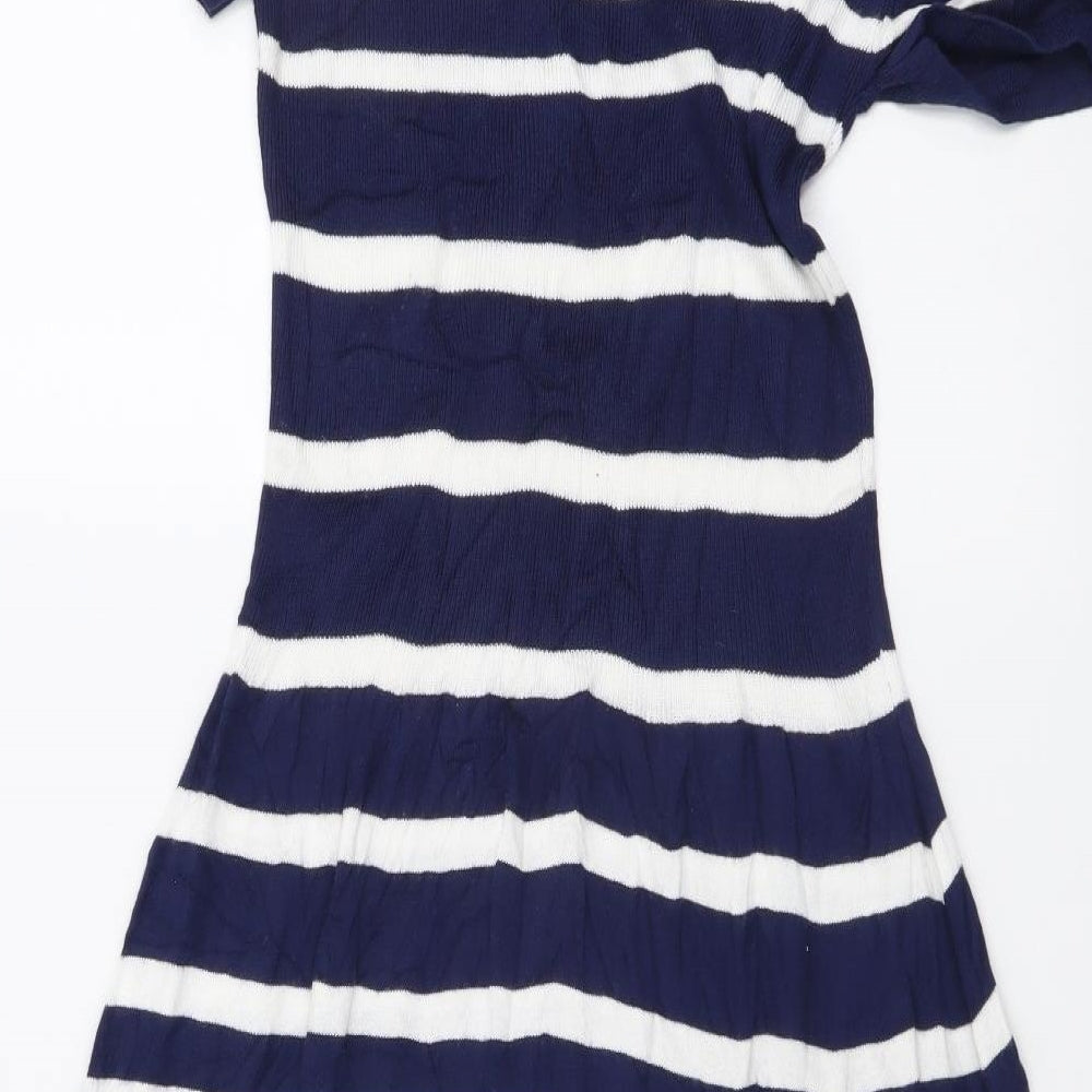 TU Womens Blue Striped Viscose Jumper Dress Size 14 V-Neck Pullover