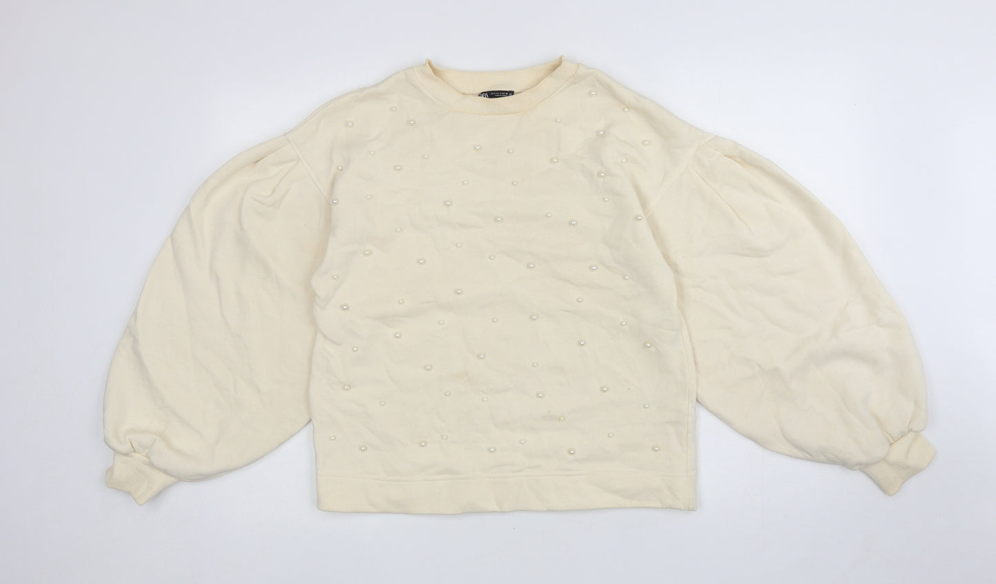 Zara Womens Ivory Cotton Pullover Sweatshirt Size S Pullover - Balloon Sleeves