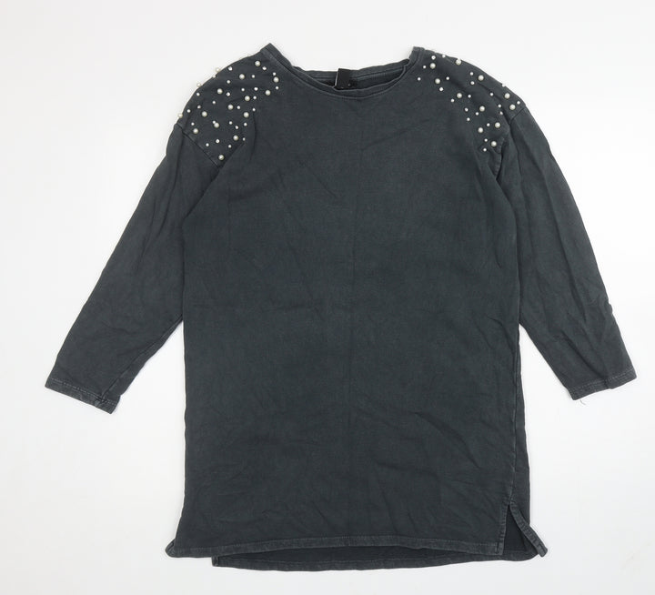 New Look Womens Grey Cotton Tunic Sweatshirt Size 10 Pullover - Embellished Shoulders
