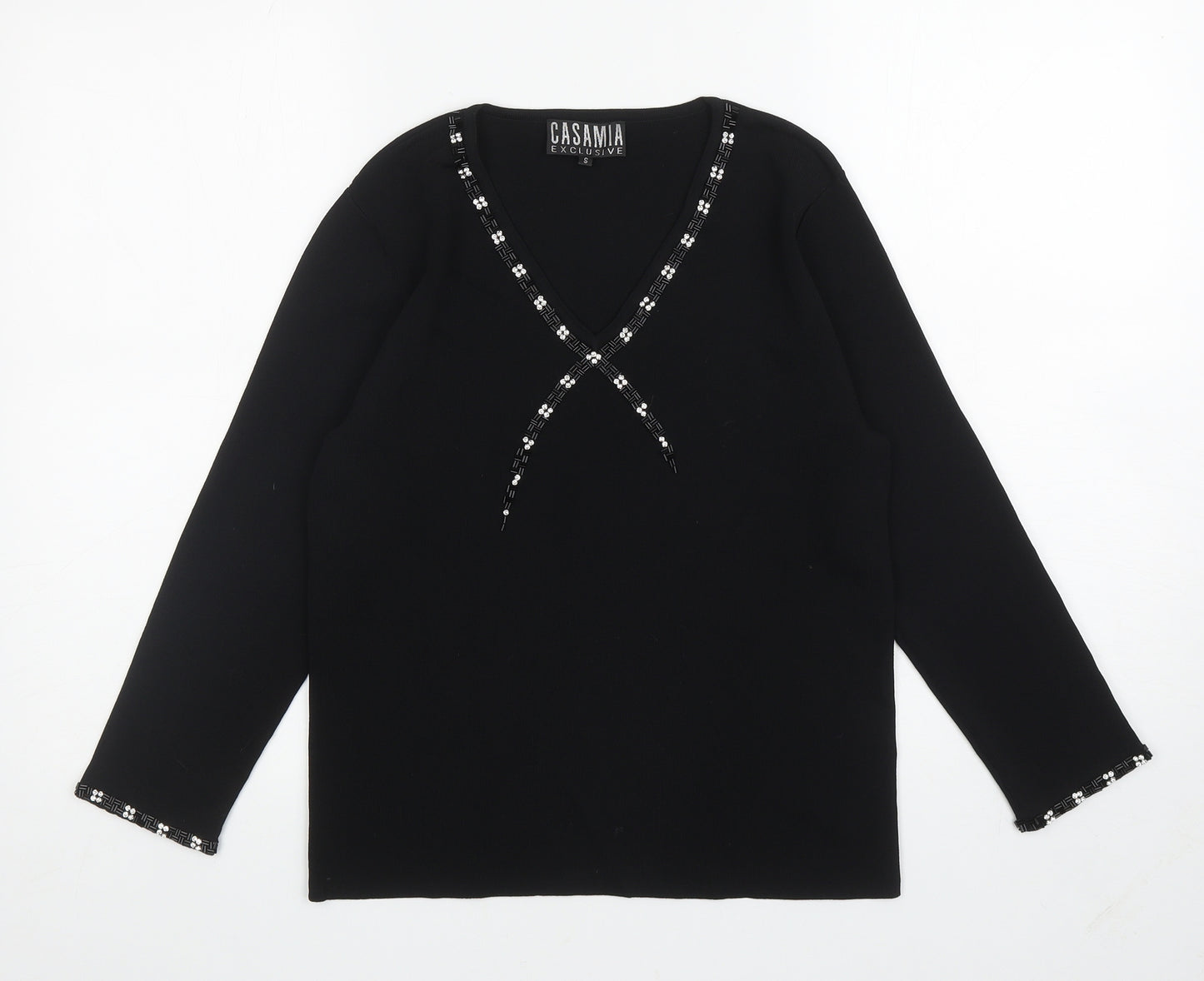 Casamia Womens Black Viscose Basic T-Shirt Size S V-Neck - Embellished Neckline And Cuffs