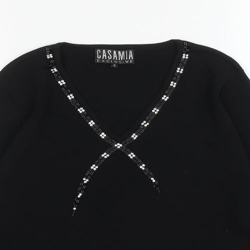 Casamia Womens Black Viscose Basic T-Shirt Size S V-Neck - Embellished Neckline And Cuffs