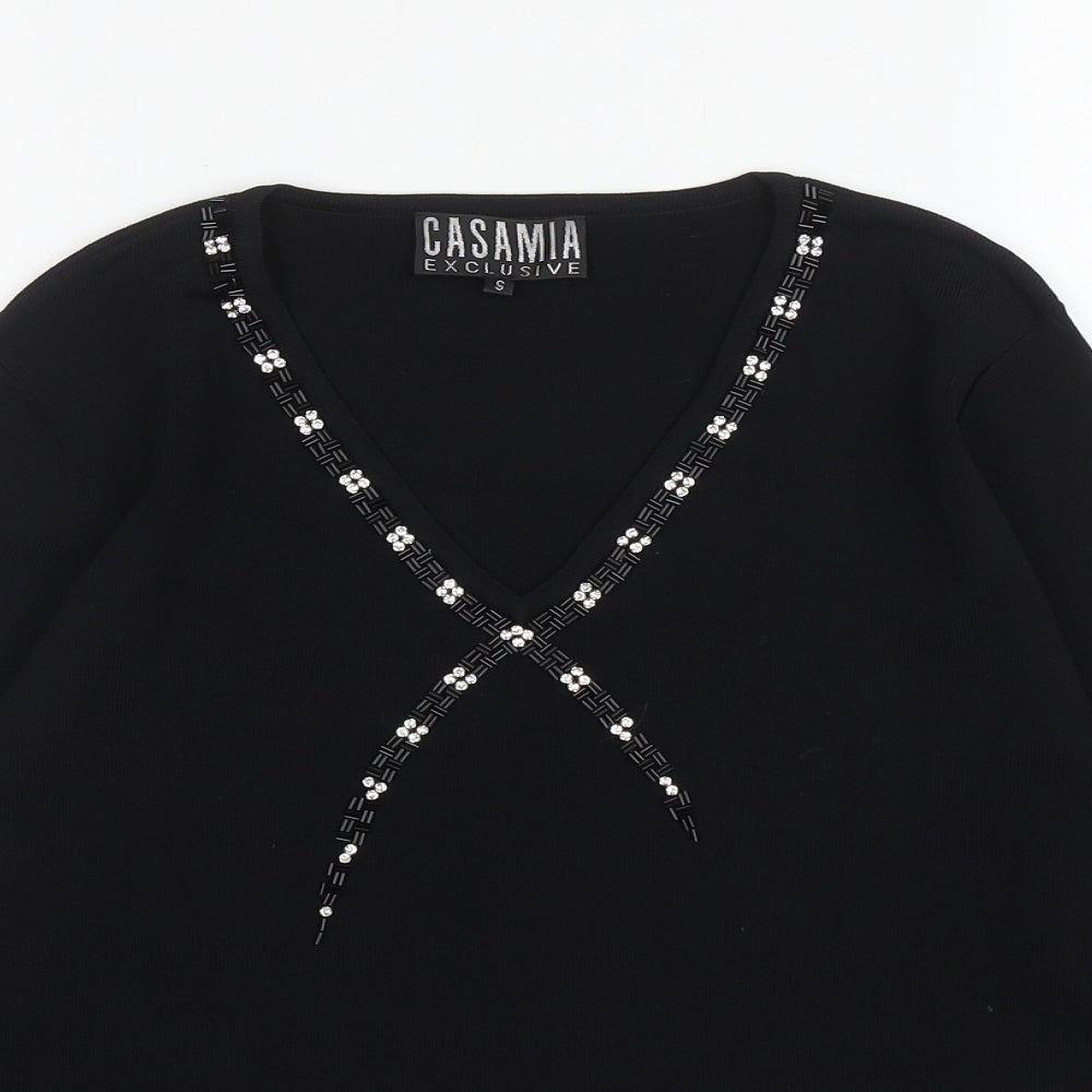 Casamia Womens Black Viscose Basic T-Shirt Size S V-Neck - Embellished Neckline And Cuffs