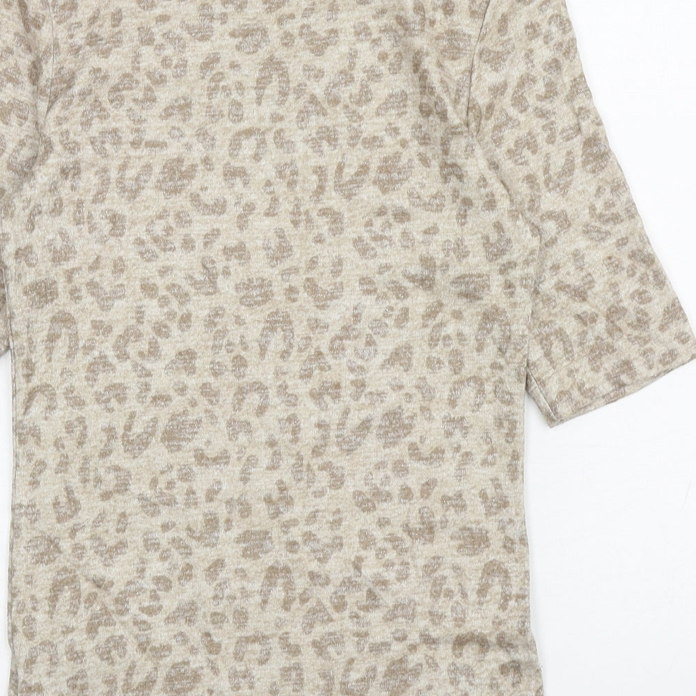 Marks and Spencer Womens Beige Mock Neck Animal Print Viscose Pullover Jumper Size 6 - Leopard Print