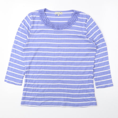 First Avenue Womens Blue Striped Polyester Basic Blouse Size M Round Neck