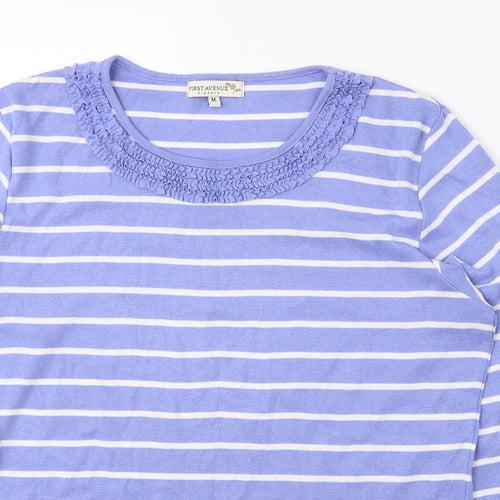 First Avenue Womens Blue Striped Polyester Basic Blouse Size M Round Neck