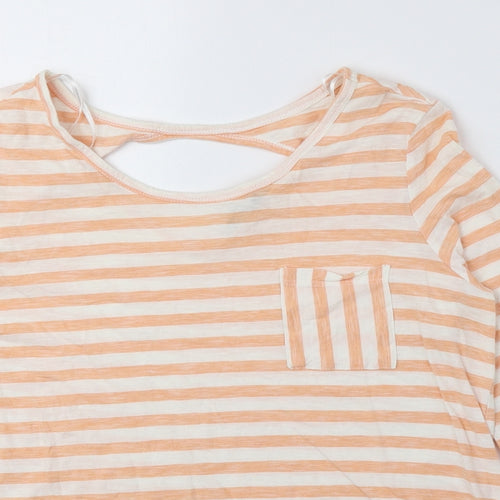 TU Womens Orange Striped 100% Cotton Basic Blouse Size 10 Round Neck