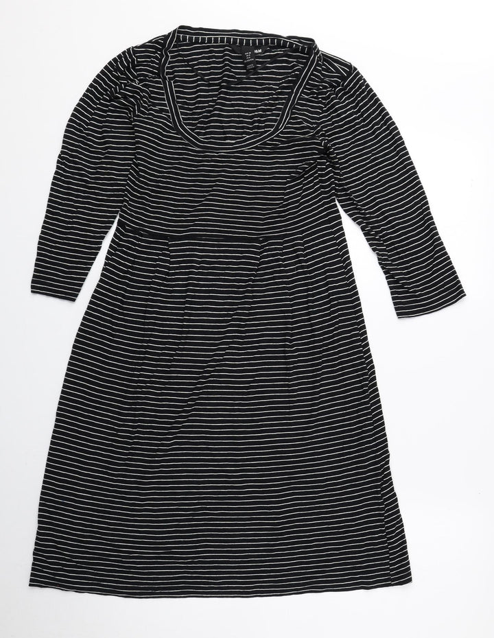 H&M Womens Black Striped Rayon T-Shirt Dress Size 8 Scoop Neck Pullover