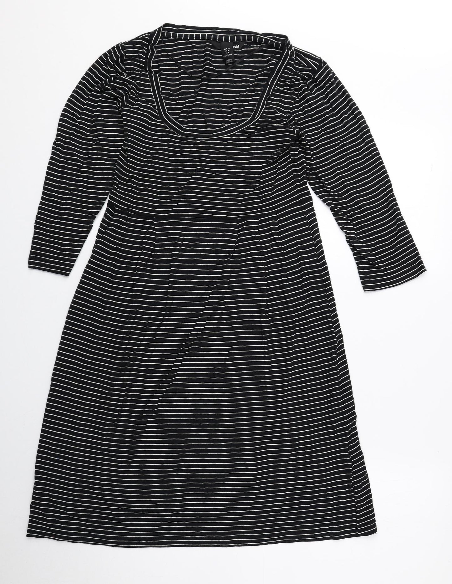 H&M Womens Black Striped Rayon T-Shirt Dress Size 8 Scoop Neck Pullover