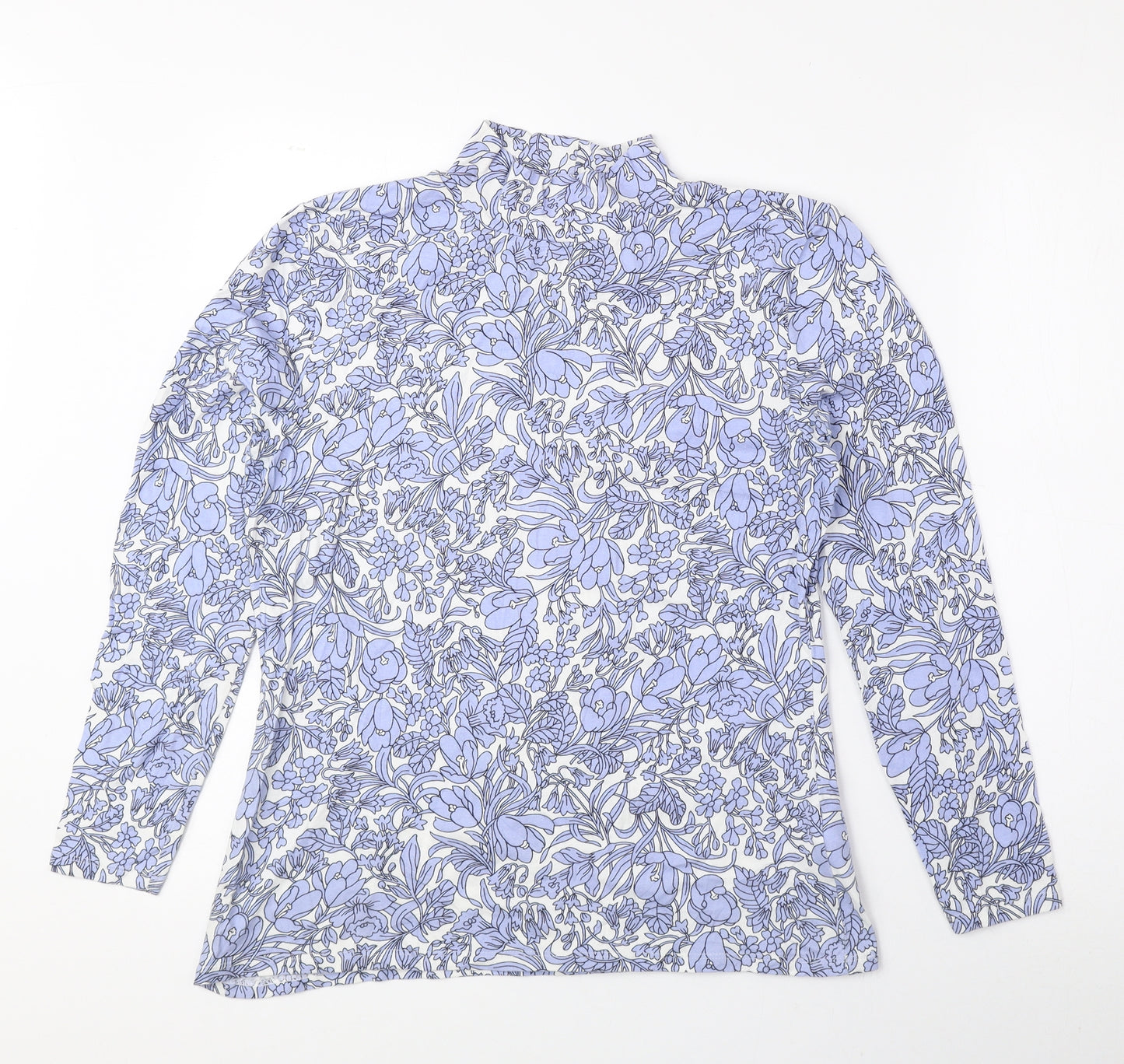 Marks and Spencer Womens Blue Floral Cotton Basic Blouse Size 12 Mock Neck
