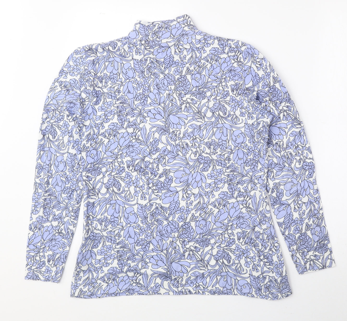 Marks and Spencer Womens Blue Floral Cotton Basic Blouse Size 12 Mock Neck