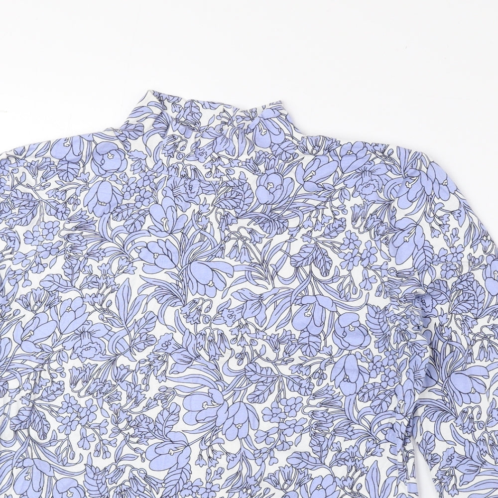 Marks and Spencer Womens Blue Floral Cotton Basic Blouse Size 12 Mock Neck