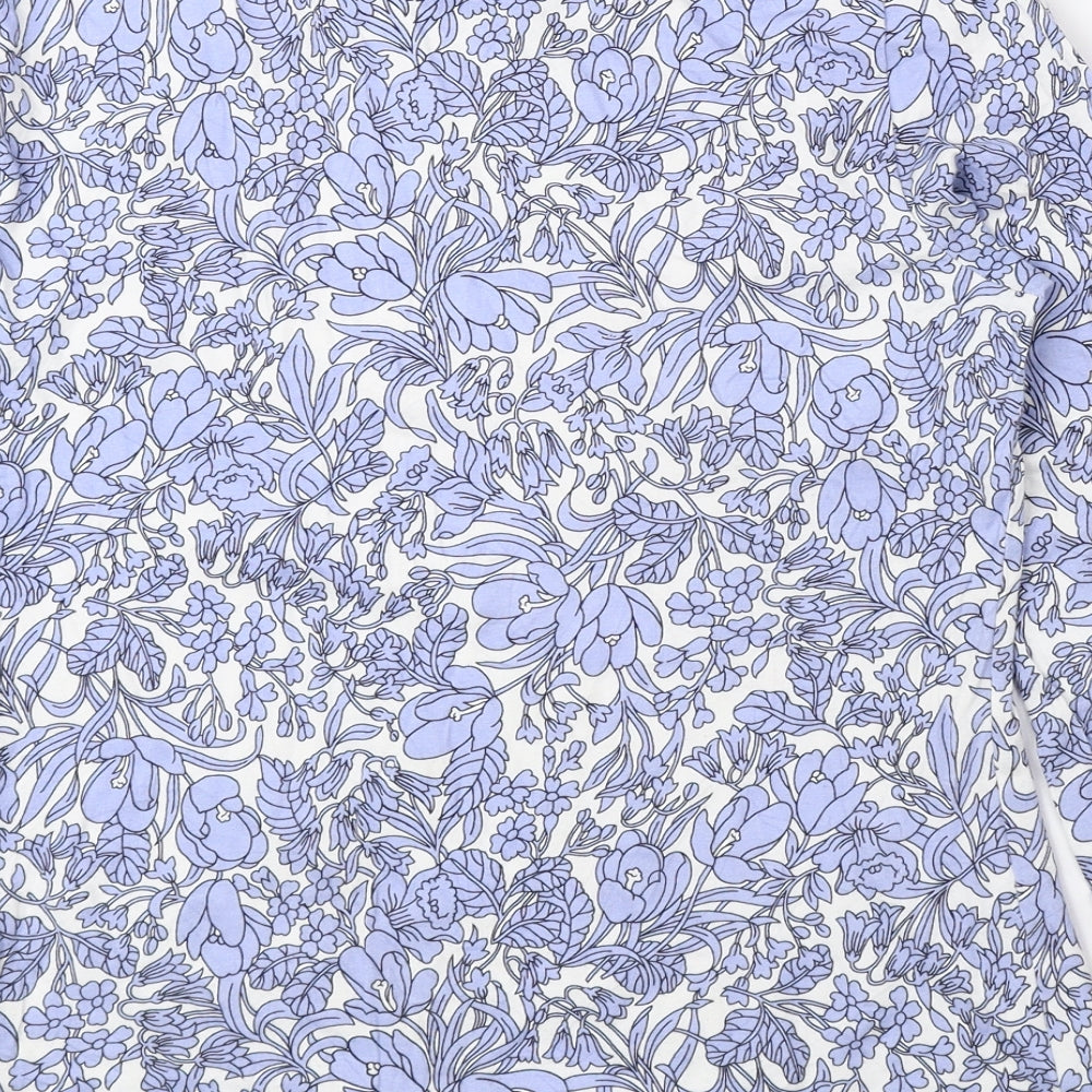 Marks and Spencer Womens Blue Floral Cotton Basic Blouse Size 12 Mock Neck