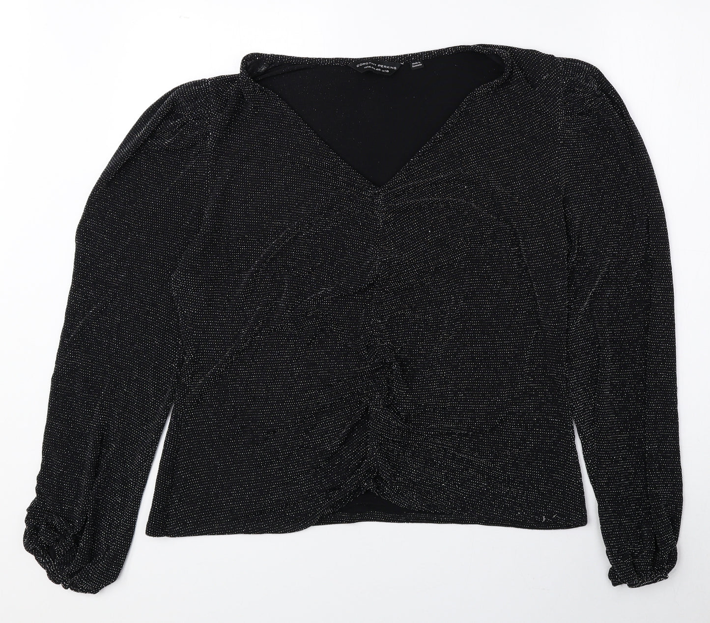 Dorothy Perkins Womens Black Nylon Basic Blouse Size 18 V-Neck - Ruched